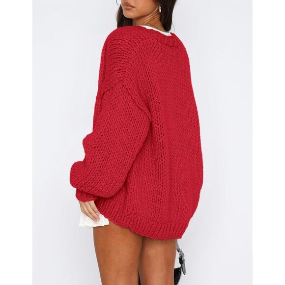 Womens Trendy Cardigan Sweaters Red Long Sleeve Chunky Knit Outfits - Picture 2 of 8